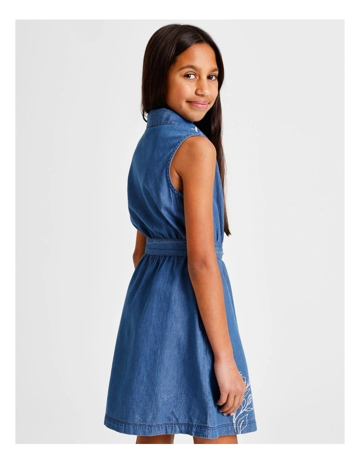 Sleeveless A-Line Button Front Dress with Tie in Indigo image 6