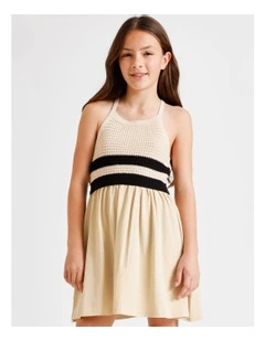 Sleeveless Crochet Top with Jersey Dress in Ecru