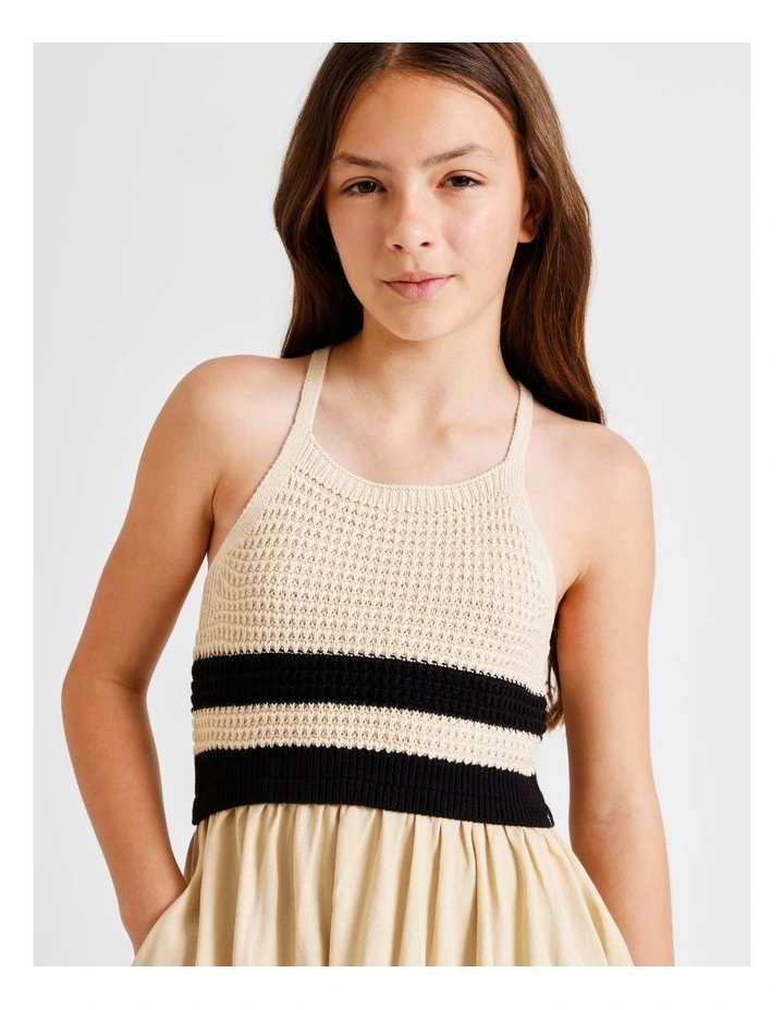 Sleeveless Crochet Top with Jersey Dress in Ecru image 2