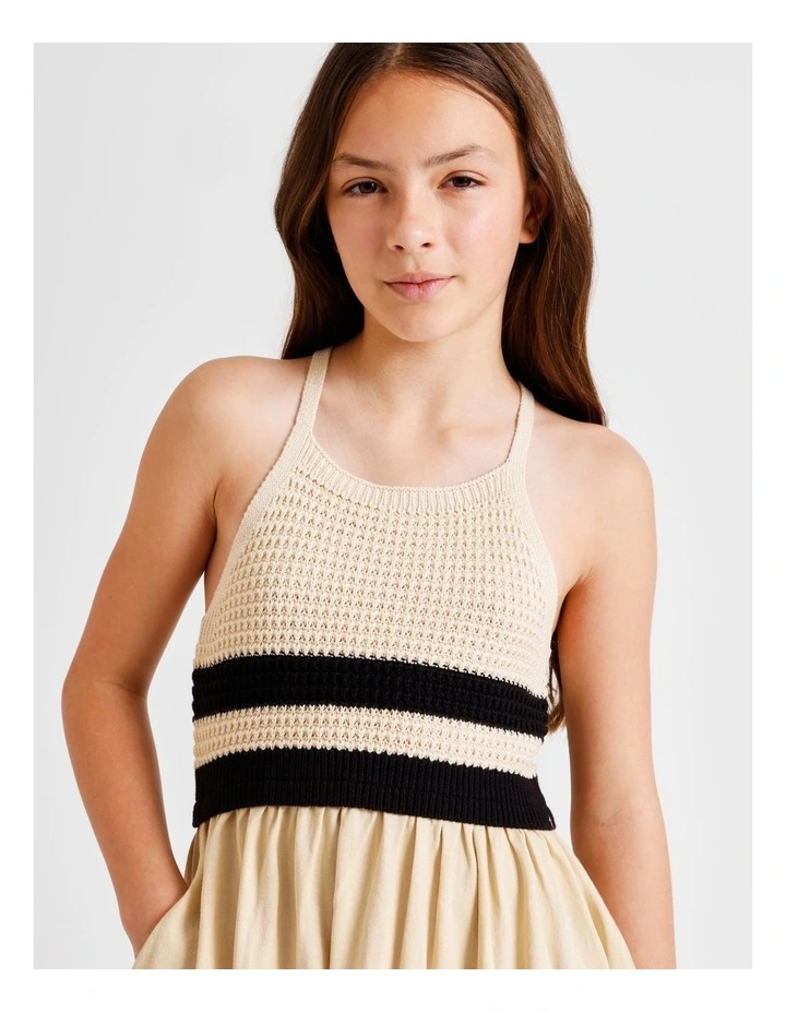 Sleeveless Crochet Top with Jersey Dress in Ecru image 2