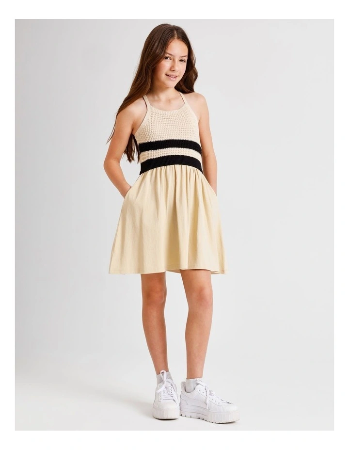 Sleeveless Crochet Top with Jersey Dress in Ecru image 3