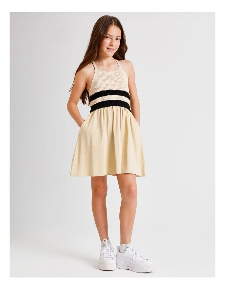 Sleeveless Crochet Top with Jersey Dress in Ecru image 3