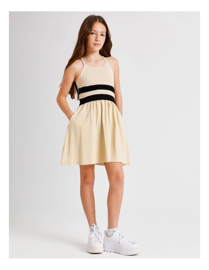 Sleeveless Crochet Top with Jersey Dress in Ecru image 6
