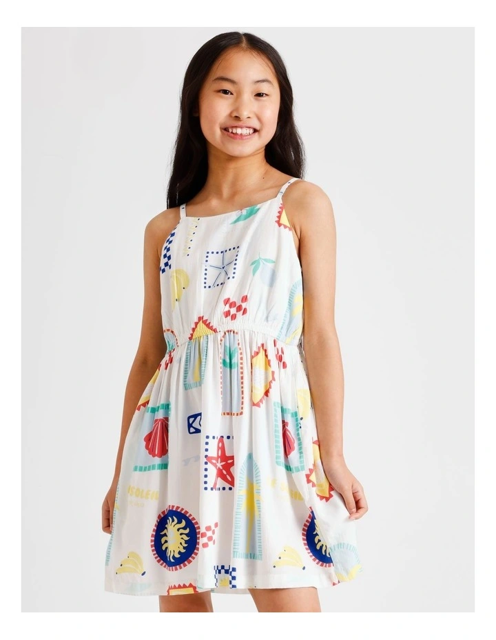 Sleeveless Rayon Shirred Back Slip Dress in Floral and White image 1