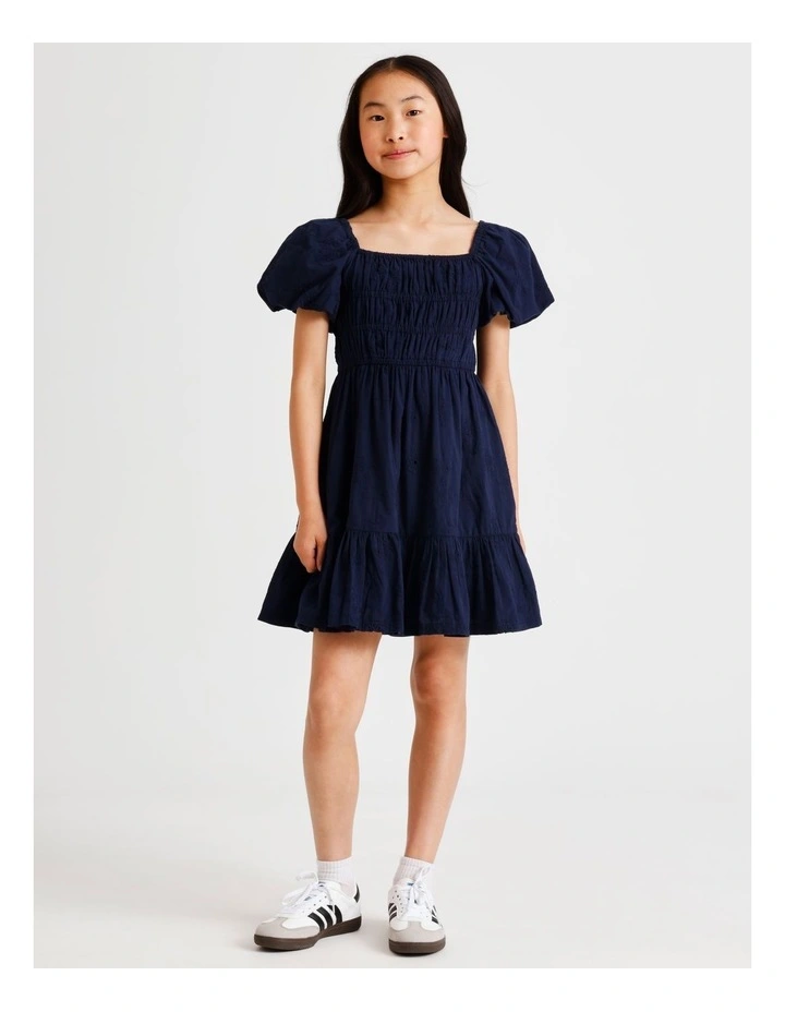 Short Sleeve Broderie Puff Sleeve Dress in Navy image 2