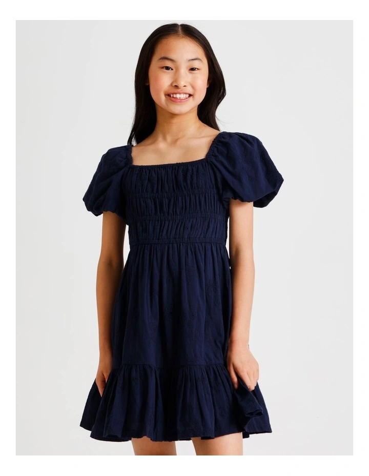 Short Sleeve Broderie Puff Sleeve Dress in Navy image 3