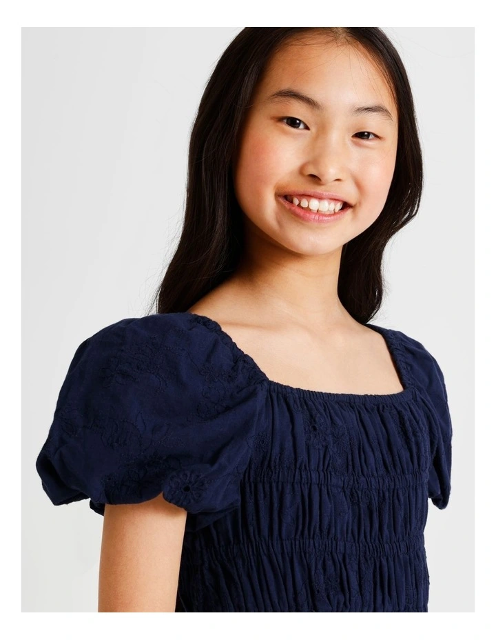 Short Sleeve Broderie Puff Sleeve Dress in Navy image 4