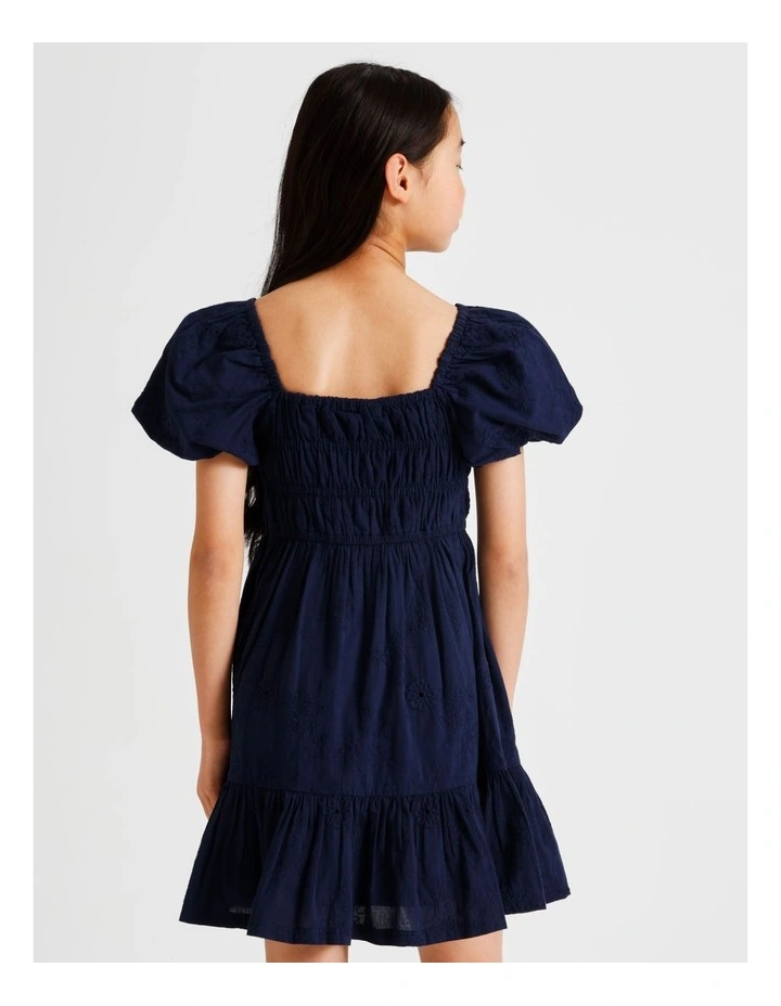 Short Sleeve Broderie Puff Sleeve Dress in Navy image 5