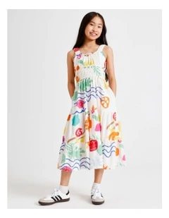 Sleeveless Linen Shirred Bodice Midi Dress in Tropical