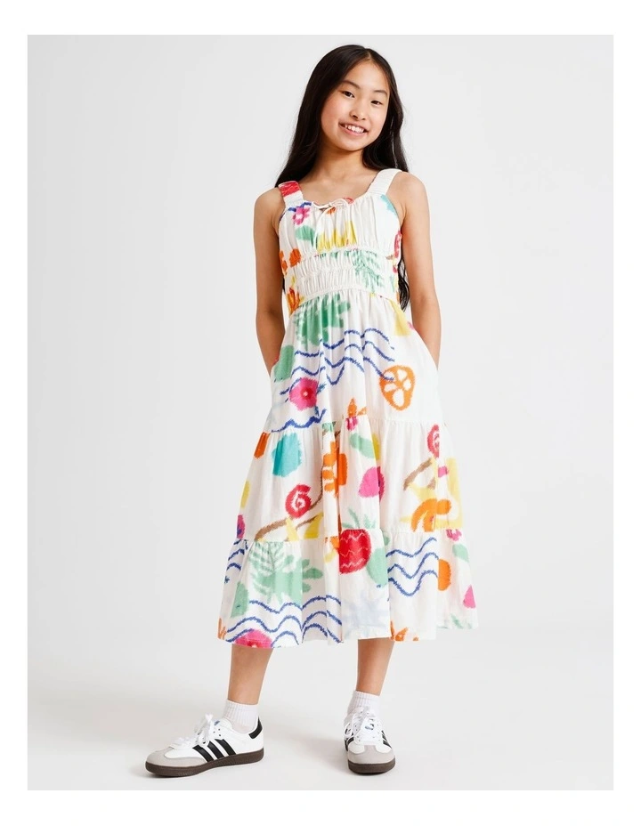 Sleeveless Linen Shirred Bodice Midi Dress in Tropical image 1