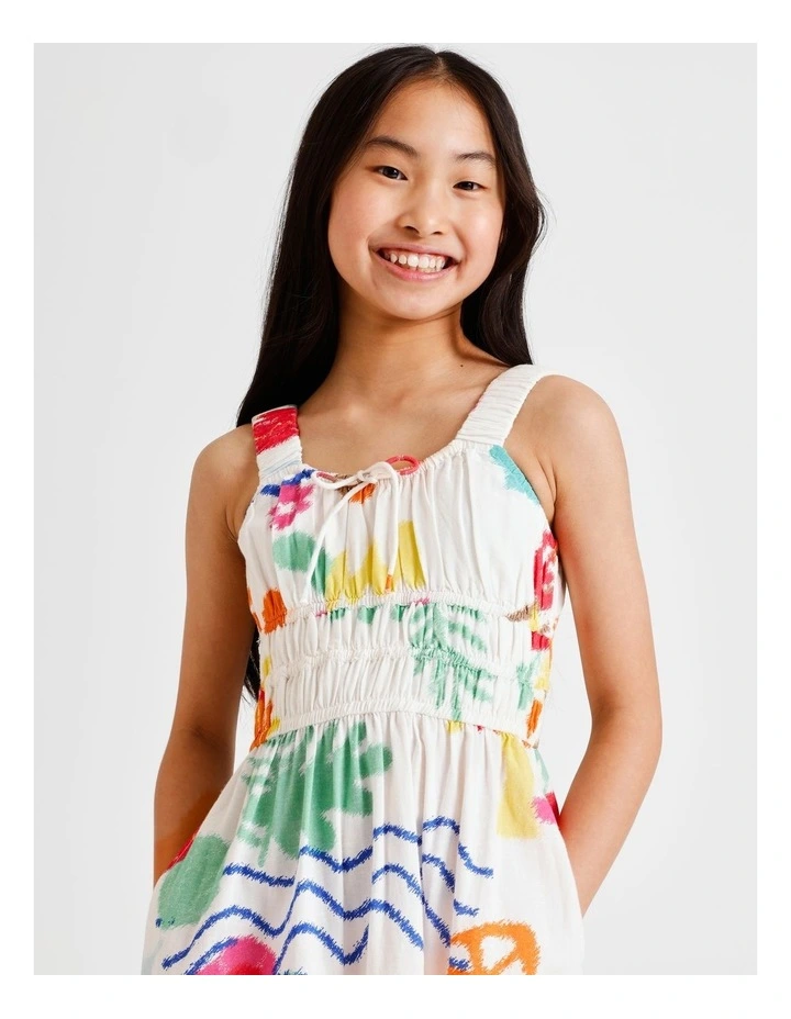 Sleeveless Linen Shirred Bodice Midi Dress in Tropical image 2