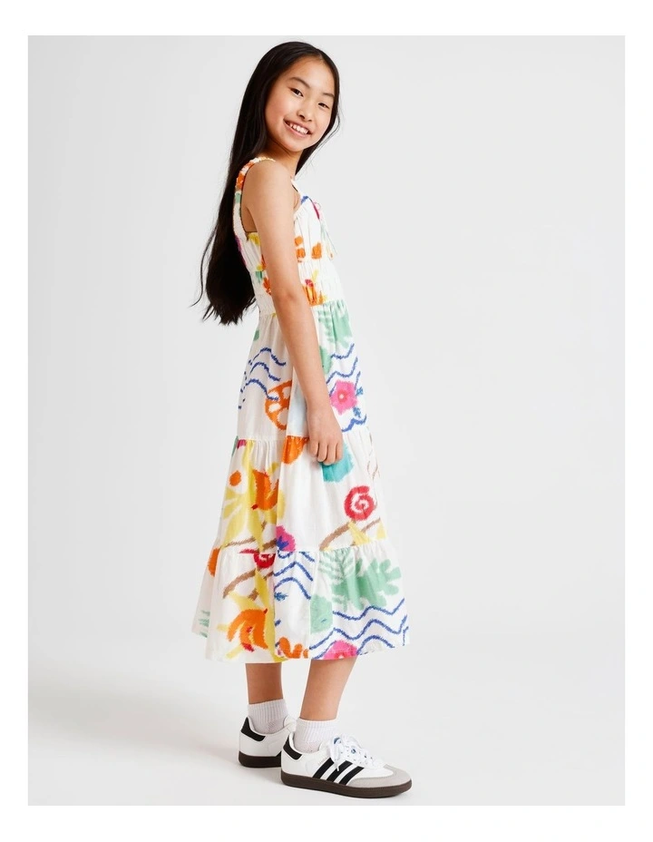 Sleeveless Linen Shirred Bodice Midi Dress in Tropical image 3