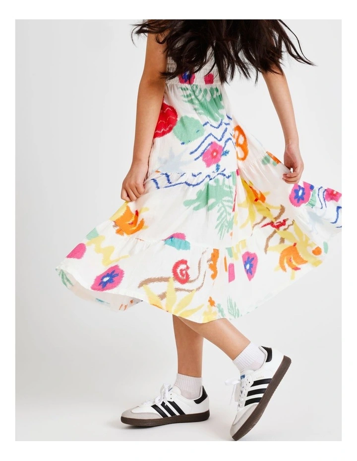 Sleeveless Linen Shirred Bodice Midi Dress in Tropical image 4