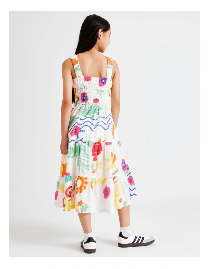 Sleeveless Linen Shirred Bodice Midi Dress in Tropical image 5
