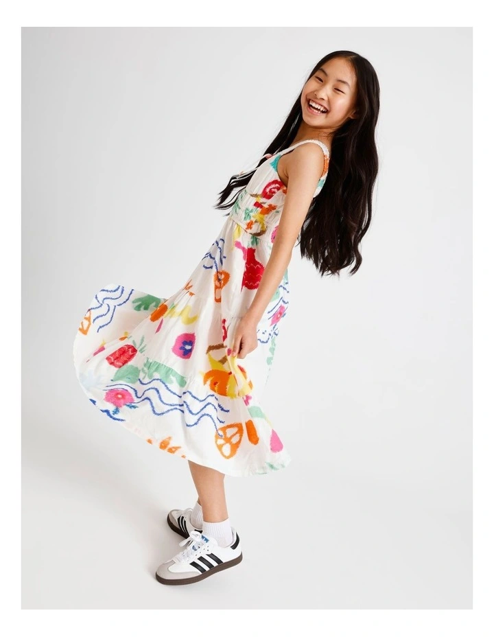 Sleeveless Linen Shirred Bodice Midi Dress in Tropical image 7