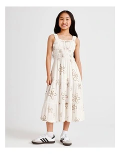 Sleeveless Rayon Shirred Bodice Midi Dress in Ecru and Floral