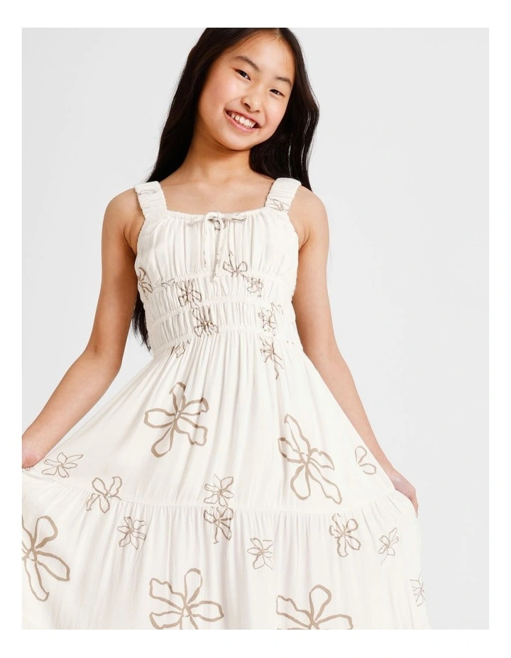 Sleeveless Rayon Shirred Bodice Midi Dress in Ecru and Floral image 2