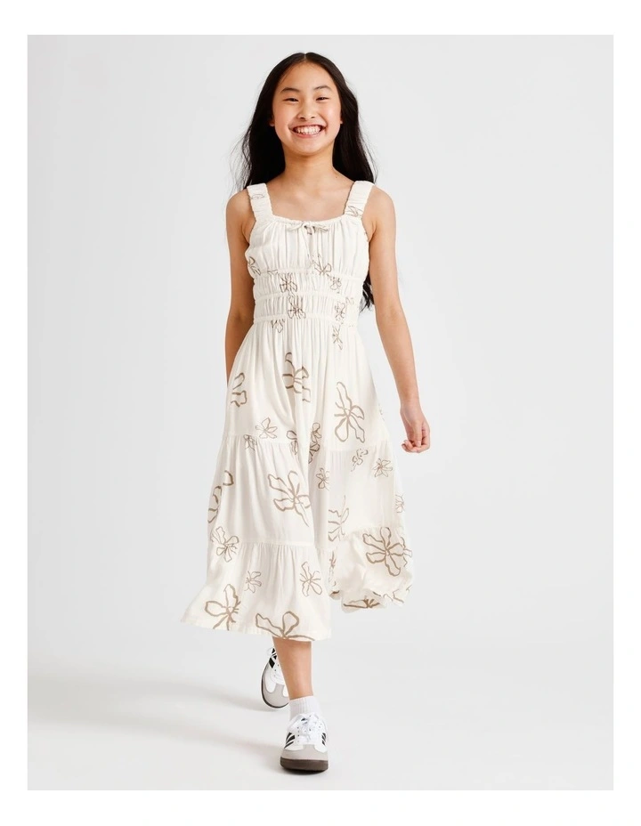 Sleeveless Rayon Shirred Bodice Midi Dress in Ecru and Floral image 3