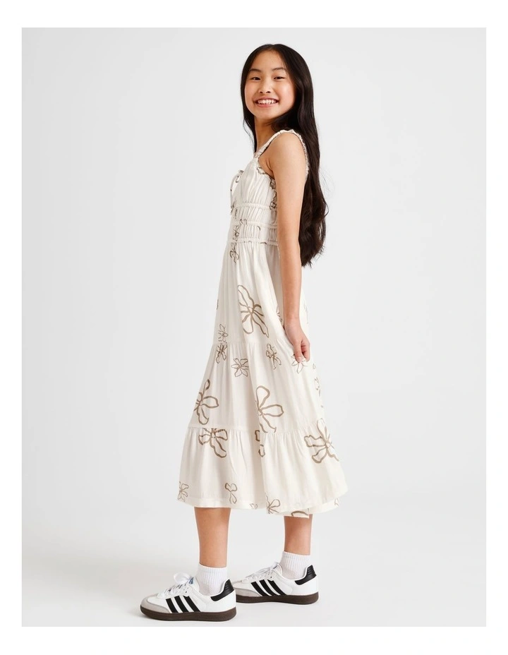 Sleeveless Rayon Shirred Bodice Midi Dress in Ecru and Floral image 4