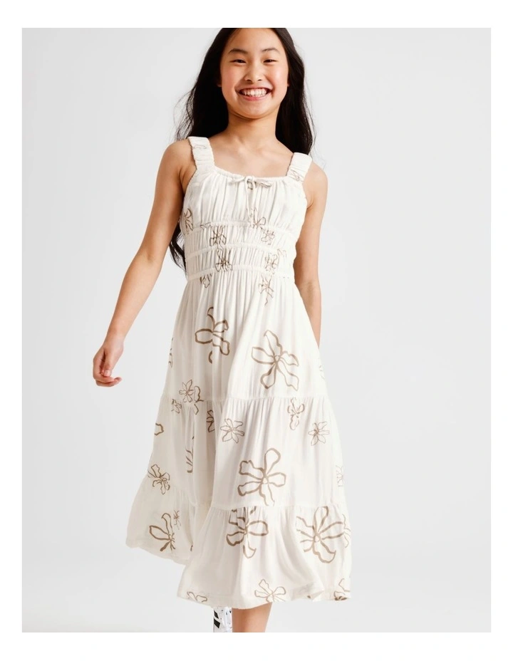 Sleeveless Rayon Shirred Bodice Midi Dress in Ecru and Floral image 5