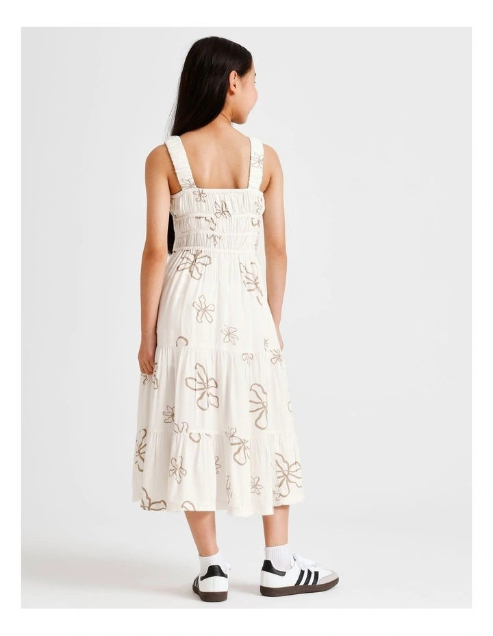 Sleeveless Rayon Shirred Bodice Midi Dress in Ecru and Floral image 6