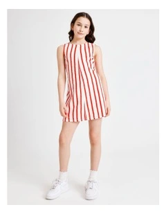 Sleeveless Linen Tie Back Dress in Red and White Stripes