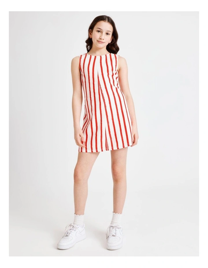 Sleeveless Linen Tie Back Dress in Red and White Stripes image 1