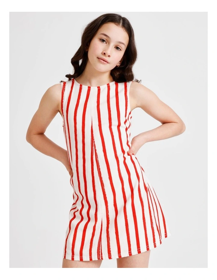 Sleeveless Linen Tie Back Dress in Red and White Stripes image 2