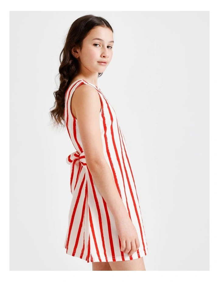 Sleeveless Linen Tie Back Dress in Red and White Stripes image 3