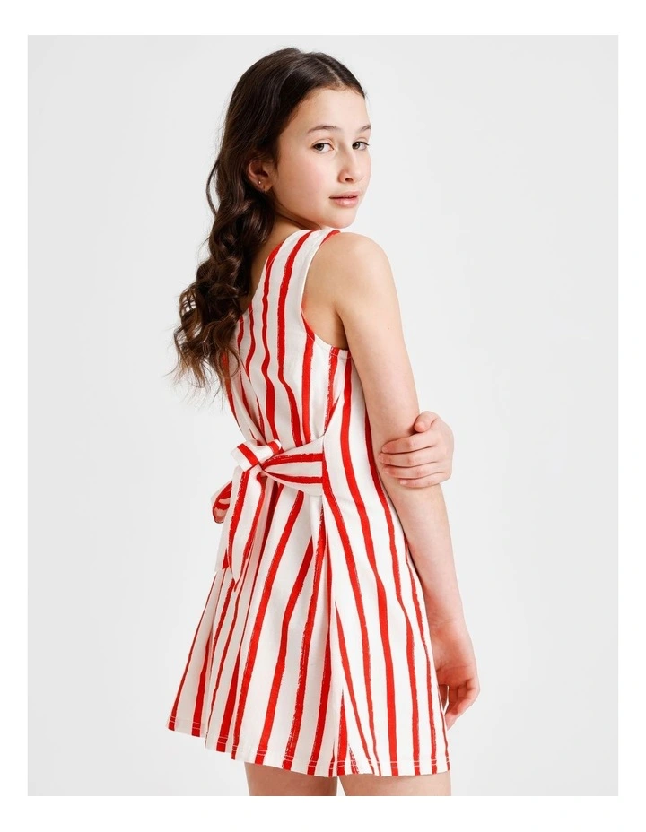 Sleeveless Linen Tie Back Dress in Red and White Stripes image 4