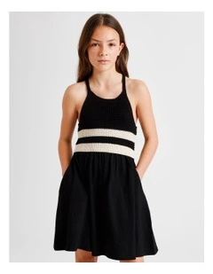 Sleeveless Crochet Top with Jersey Dress in Black