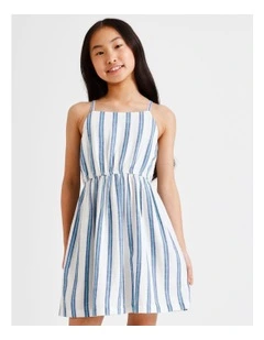 Sleeveless Linen Shirred Back Slip Dress in White and Blue