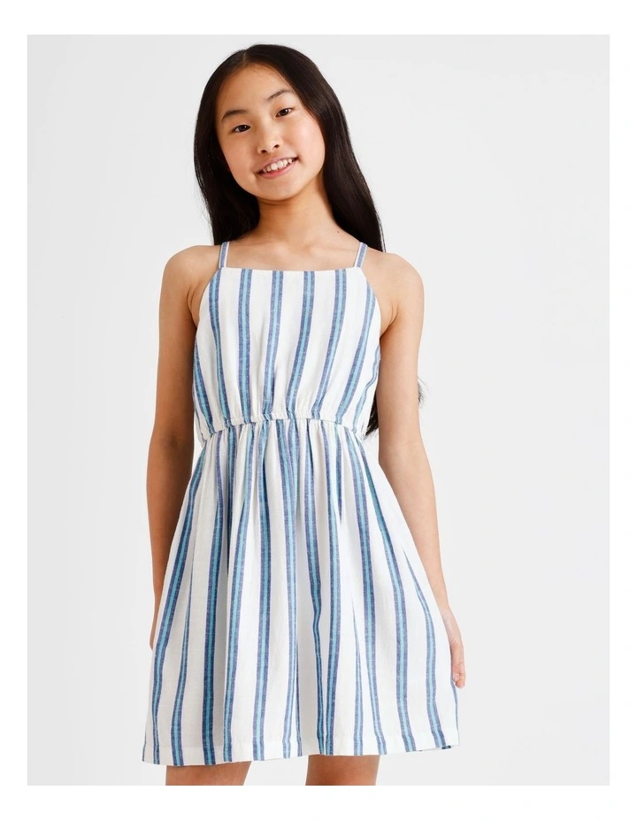 Sleeveless Linen Shirred Back Slip Dress in White and Blue image 1