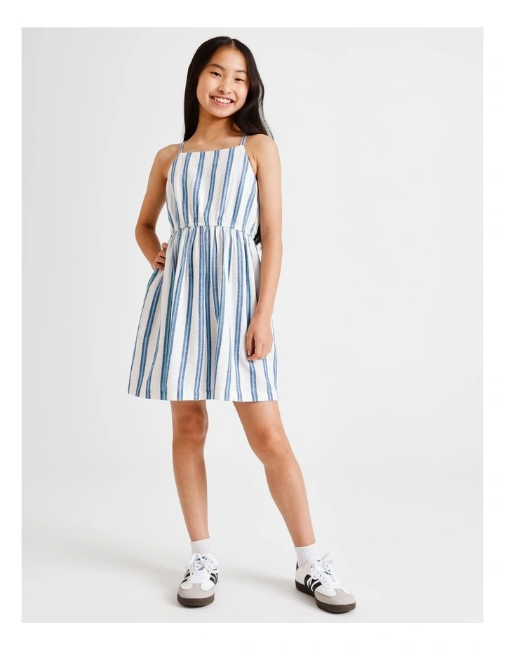 Sleeveless Linen Shirred Back Slip Dress in White and Blue image 2