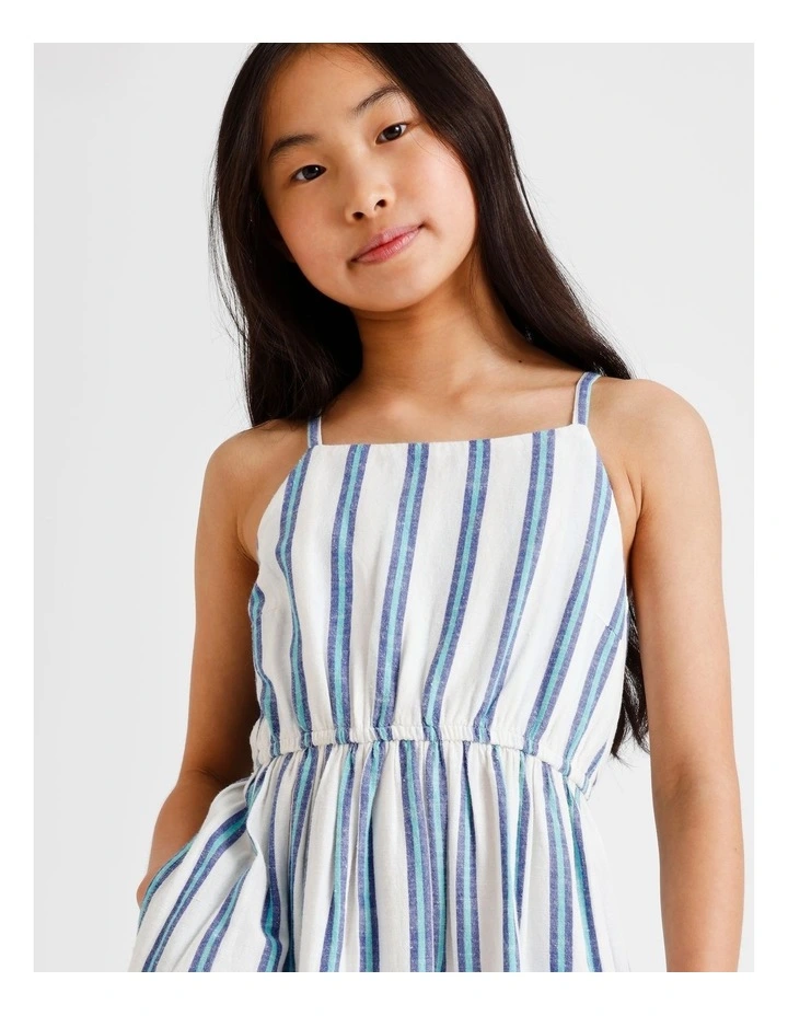 Sleeveless Linen Shirred Back Slip Dress in White and Blue image 3