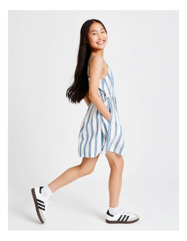 Sleeveless Linen Shirred Back Slip Dress in White and Blue image 4