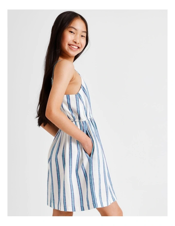 Sleeveless Linen Shirred Back Slip Dress in White and Blue image 5