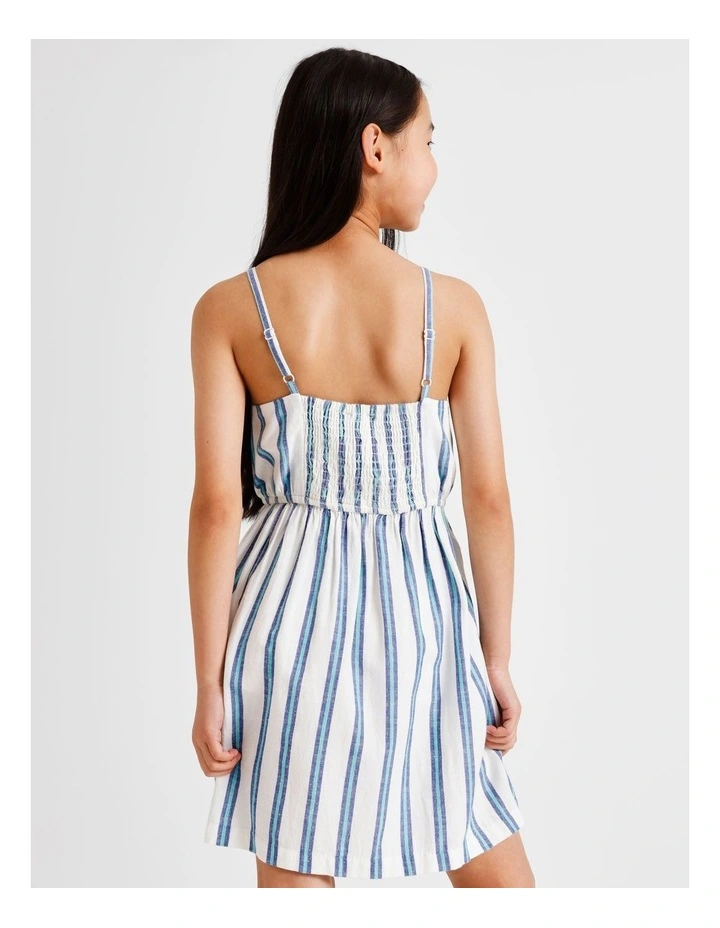 Sleeveless Linen Shirred Back Slip Dress in White and Blue image 6