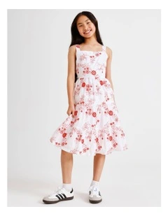 Sleeveless Broderie Tiered Midi Dress in White and Red Embroidery