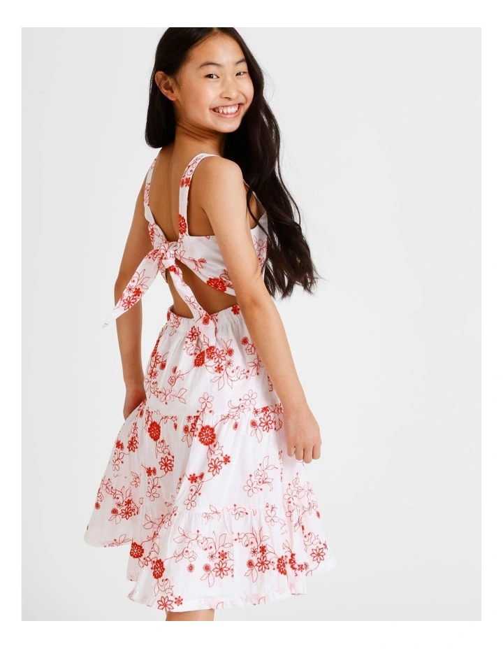 Sleeveless Broderie Tiered Midi Dress in White and Red Embroidery image 2