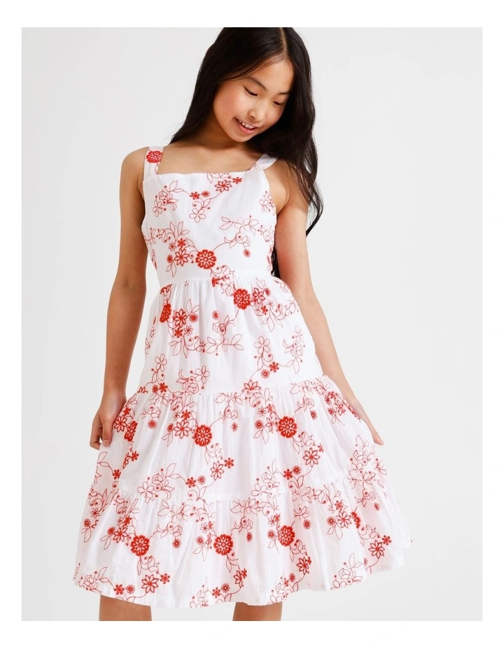 Sleeveless Broderie Tiered Midi Dress in White and Red Embroidery image 3