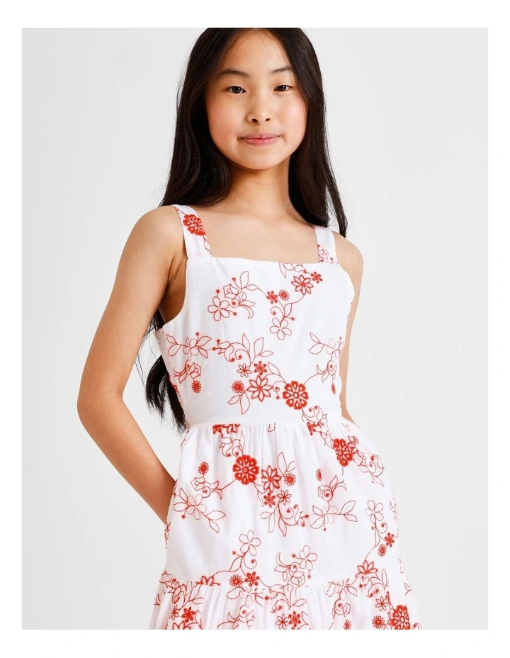 Sleeveless Broderie Tiered Midi Dress in White and Red Embroidery image 4