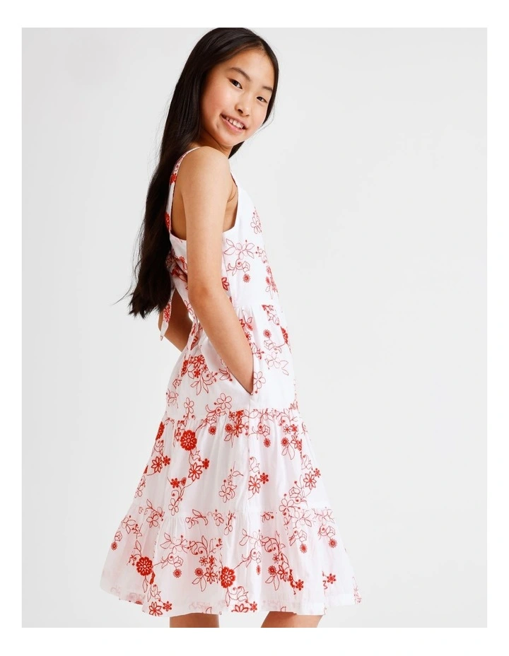Sleeveless Broderie Tiered Midi Dress in White and Red Embroidery image 5