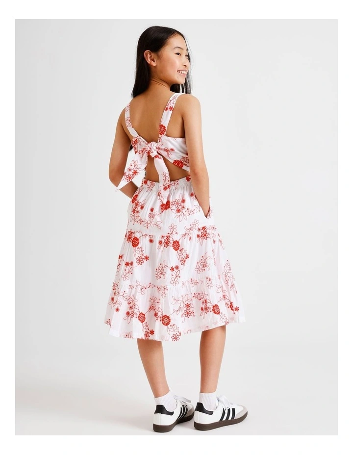 Sleeveless Broderie Tiered Midi Dress in White and Red Embroidery image 6