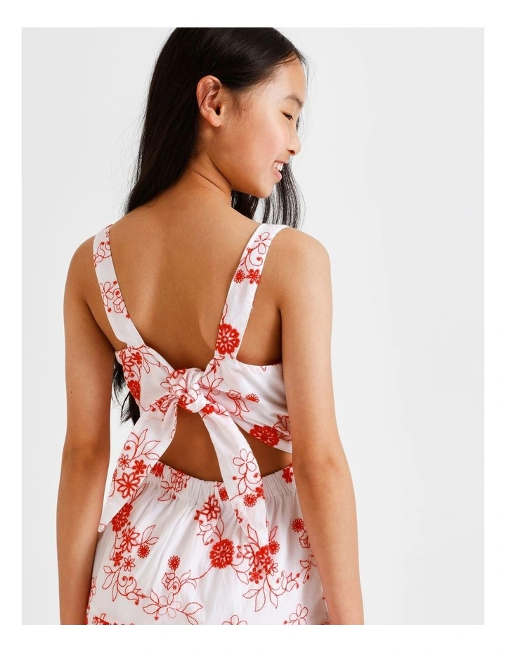 Sleeveless Broderie Tiered Midi Dress in White and Red Embroidery image 7