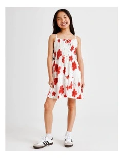 Sleeveless Cheesecloth Shirred Bodice Mini Dress in Red Floral and Ecru