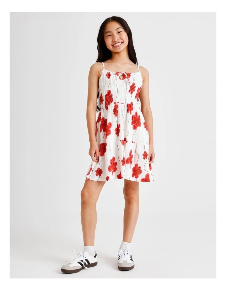 Sleeveless Cheesecloth Shirred Bodice Mini Dress in Red Floral and Ecru image 1