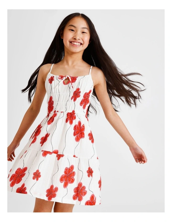 Sleeveless Cheesecloth Shirred Bodice Mini Dress in Red Floral and Ecru image 2
