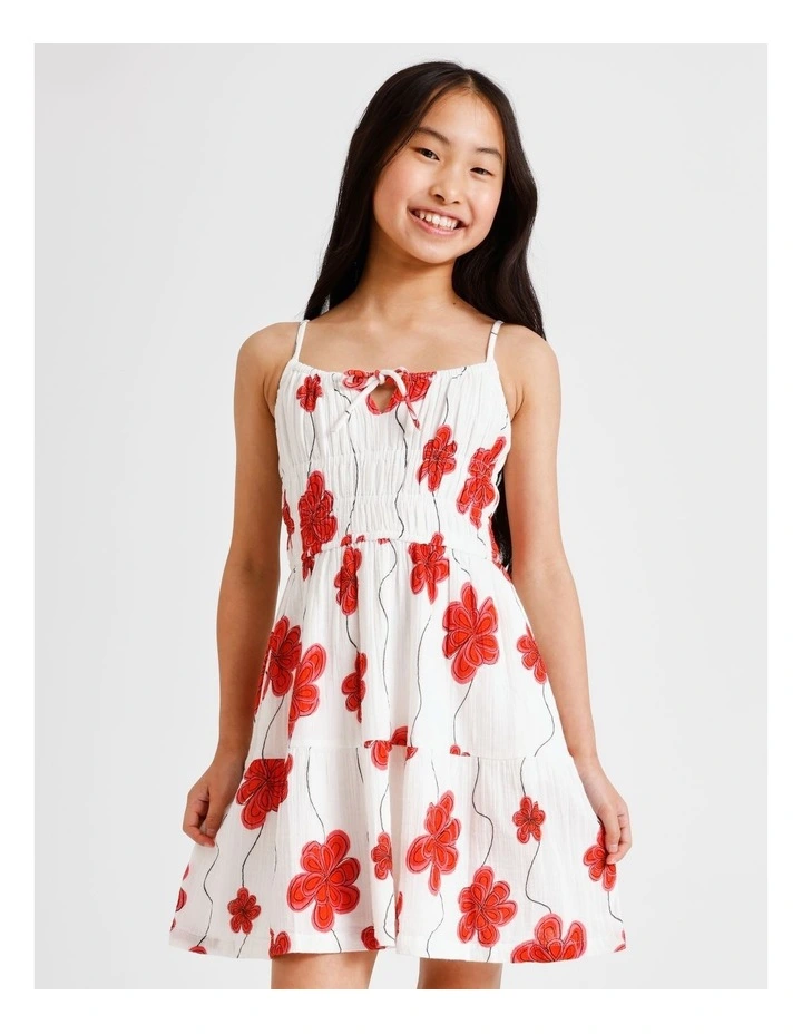 Sleeveless Cheesecloth Shirred Bodice Mini Dress in Red Floral and Ecru image 3