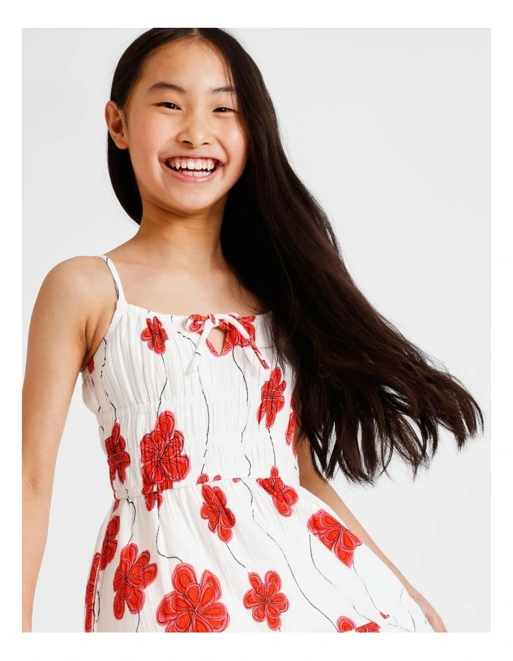 Sleeveless Cheesecloth Shirred Bodice Mini Dress in Red Floral and Ecru image 4